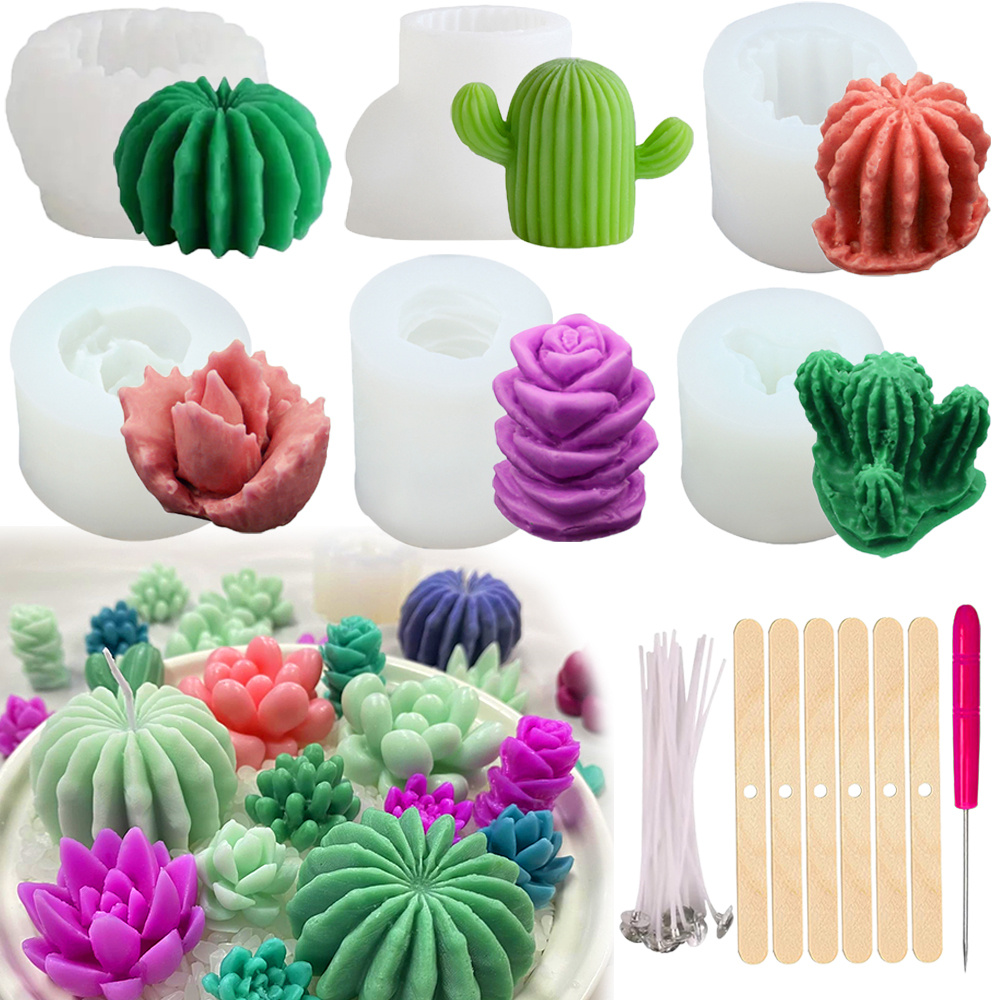 Candle Making Video - 6 Stück saftige Silikon-Kerzenformen, 3D-Sukkulenten-Kaktus-Kerzenformen für
